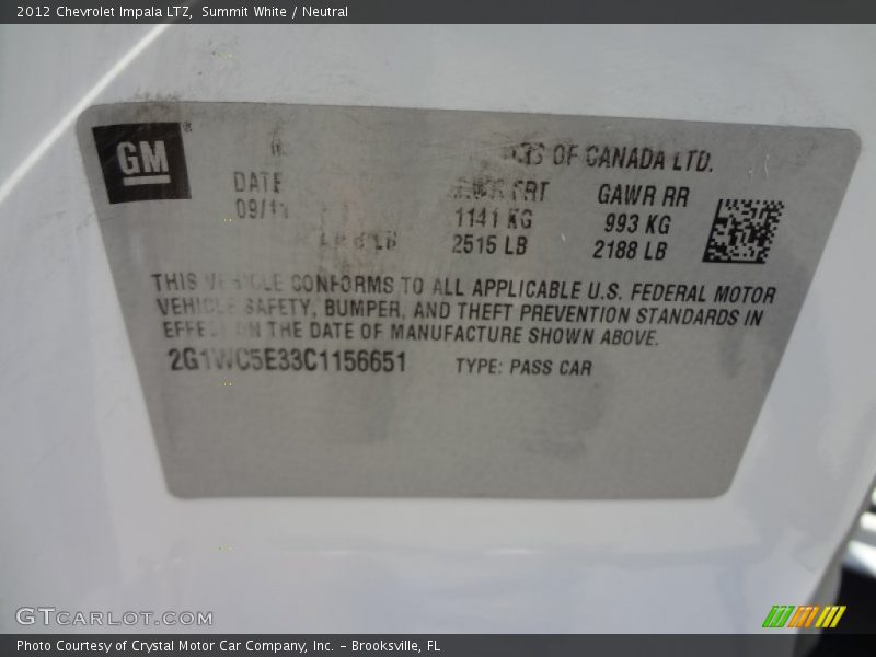 Summit White / Neutral 2012 Chevrolet Impala LTZ