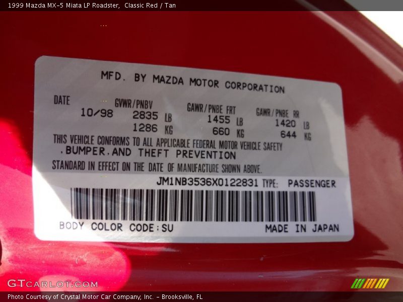 Classic Red / Tan 1999 Mazda MX-5 Miata LP Roadster