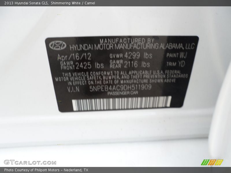 Shimmering White / Camel 2013 Hyundai Sonata GLS