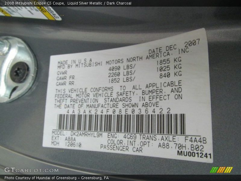 Liquid Silver Metallic / Dark Charcoal 2008 Mitsubishi Eclipse GS Coupe