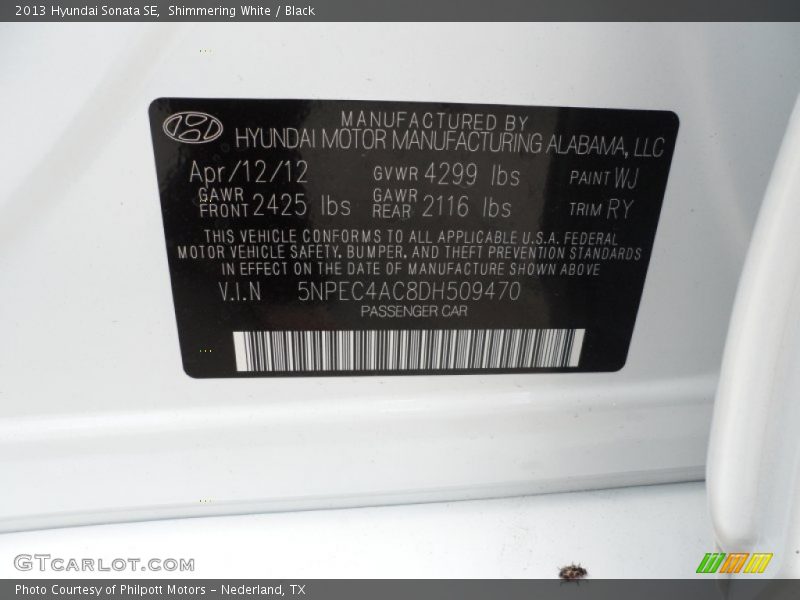 2013 Sonata SE Shimmering White Color Code WJ