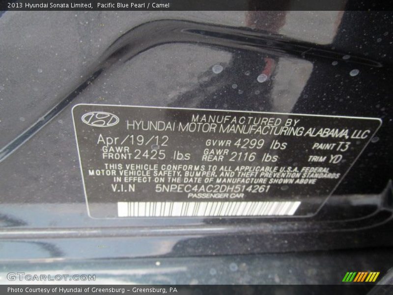 2013 Sonata Limited Pacific Blue Pearl Color Code T3