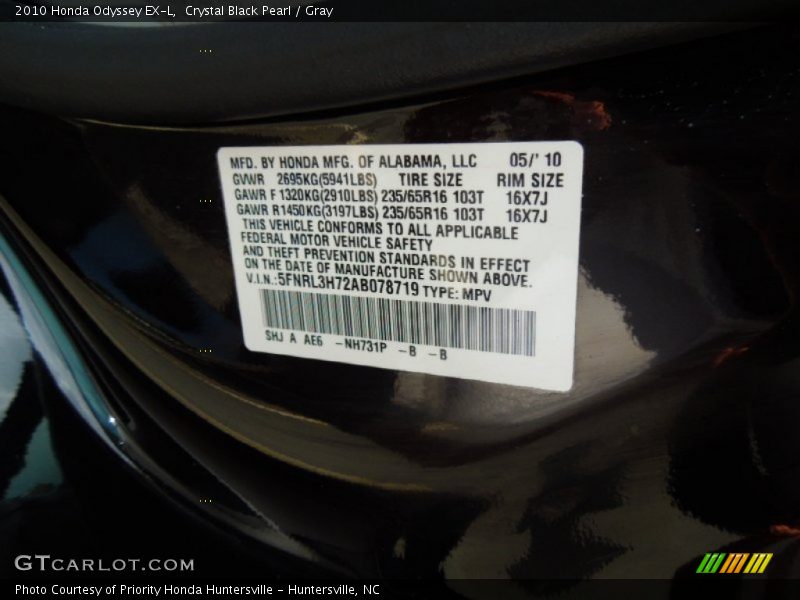 Crystal Black Pearl / Gray 2010 Honda Odyssey EX-L