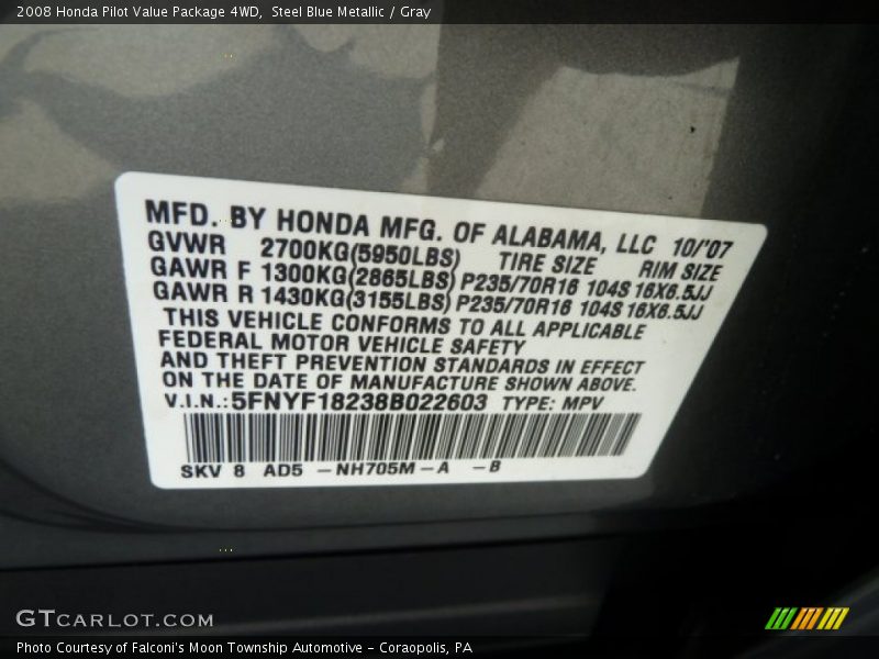 Steel Blue Metallic / Gray 2008 Honda Pilot Value Package 4WD