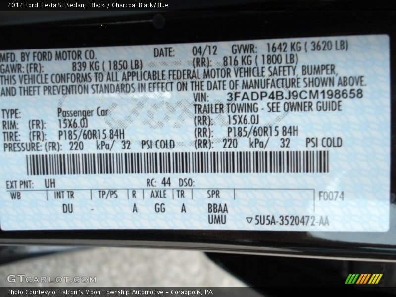 Black / Charcoal Black/Blue 2012 Ford Fiesta SE Sedan