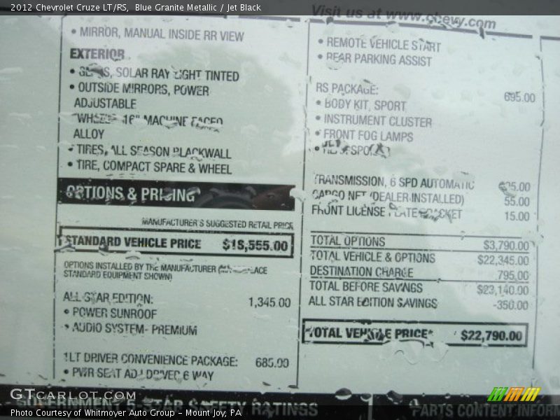 Blue Granite Metallic / Jet Black 2012 Chevrolet Cruze LT/RS