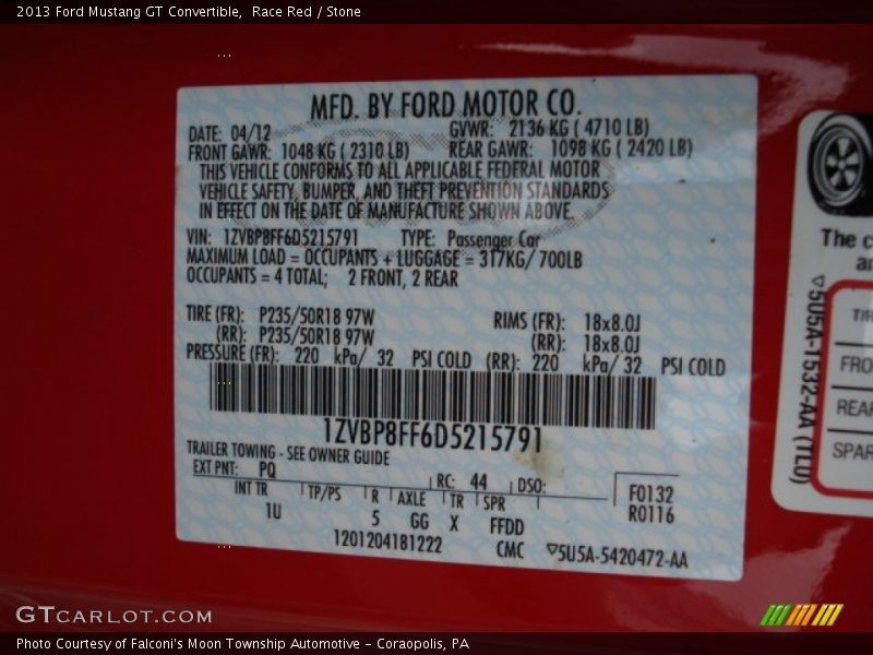 2013 Mustang GT Convertible Race Red Color Code PQ