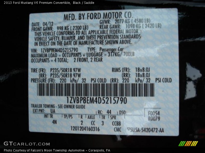 2013 Mustang V6 Premium Convertible Black Color Code UA