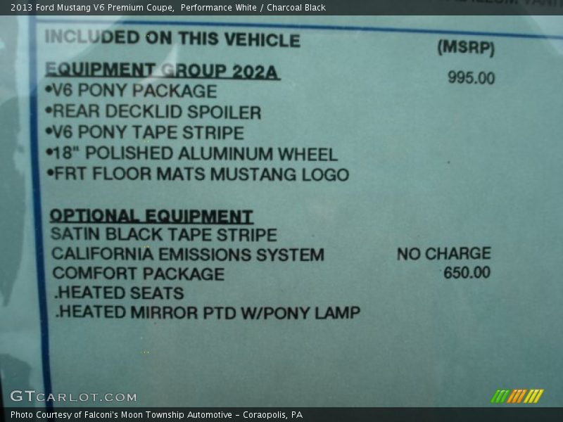  2013 Mustang V6 Premium Coupe Window Sticker