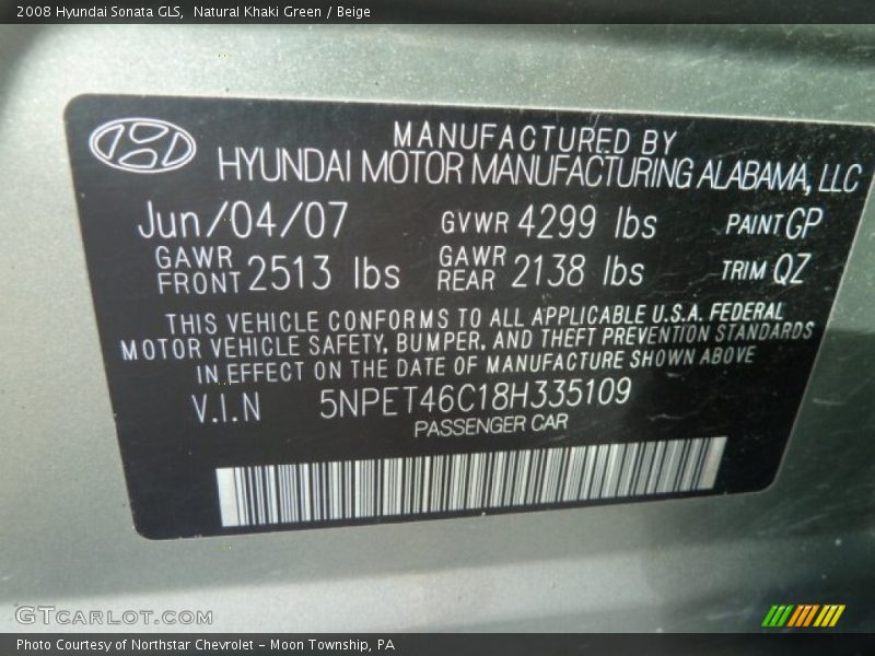 Natural Khaki Green / Beige 2008 Hyundai Sonata GLS