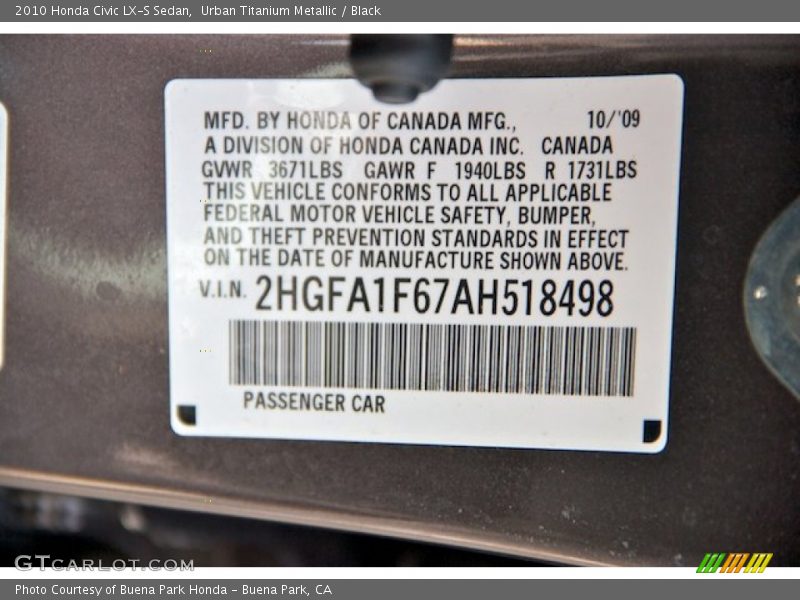 Urban Titanium Metallic / Black 2010 Honda Civic LX-S Sedan