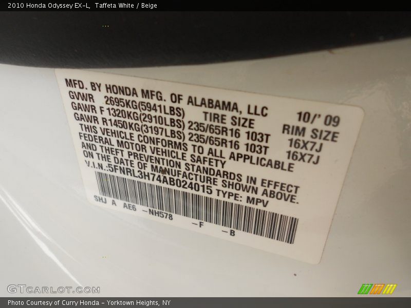 Taffeta White / Beige 2010 Honda Odyssey EX-L