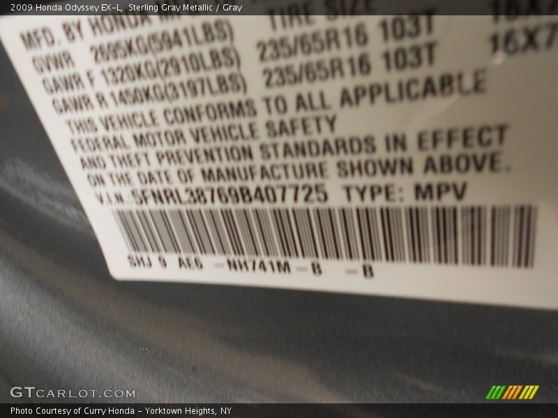 Sterling Gray Metallic / Gray 2009 Honda Odyssey EX-L