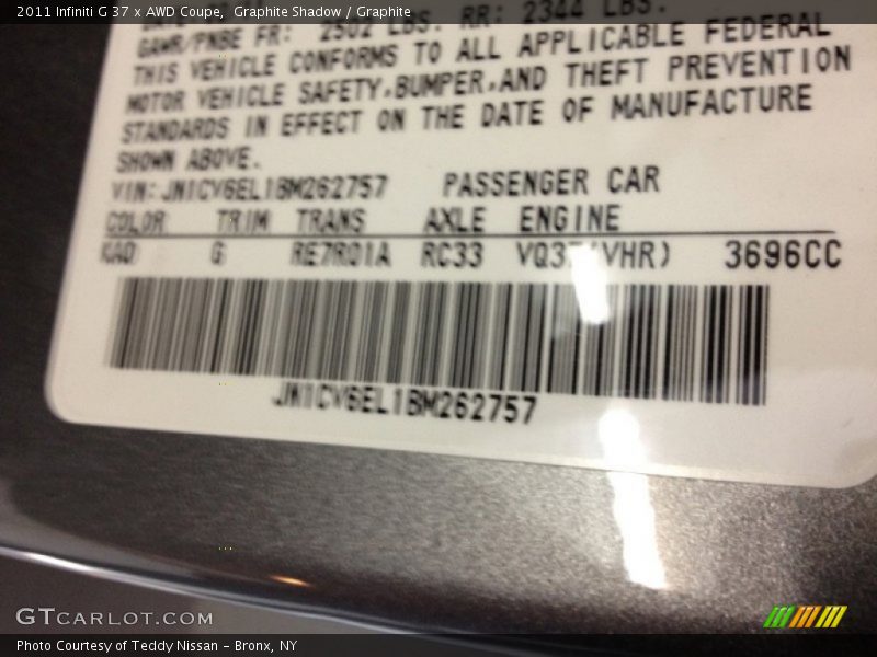 2011 G 37 x AWD Coupe Graphite Shadow Color Code KAD