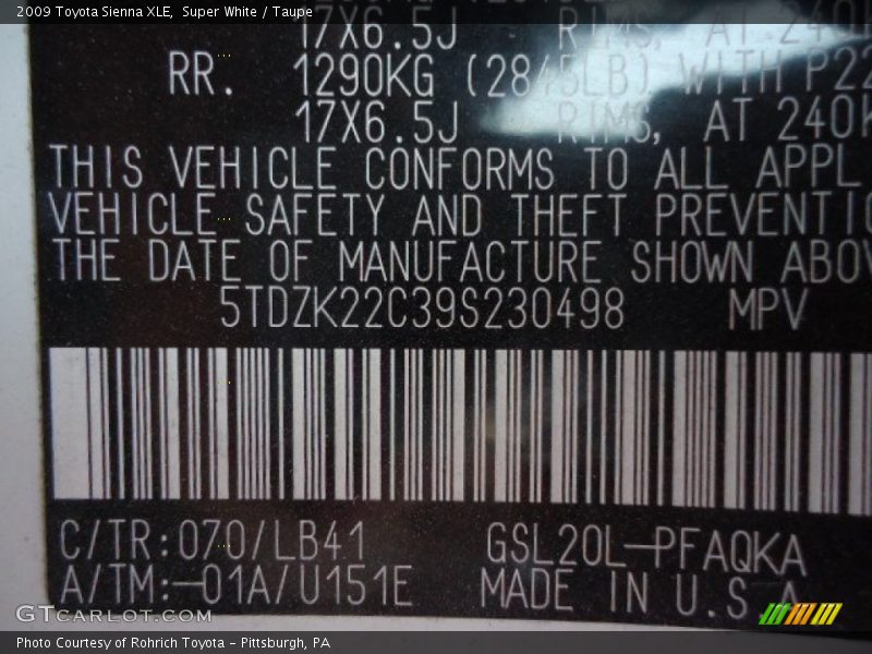 Super White / Taupe 2009 Toyota Sienna XLE