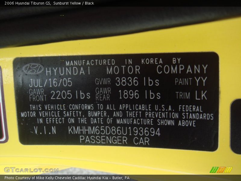 Sunburst Yellow / Black 2006 Hyundai Tiburon GS