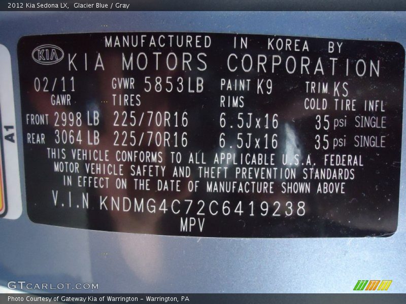 Glacier Blue / Gray 2012 Kia Sedona LX