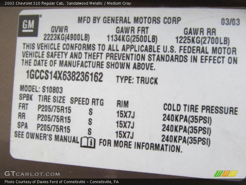 Sandalwood Metallic / Medium Gray 2003 Chevrolet S10 Regular Cab