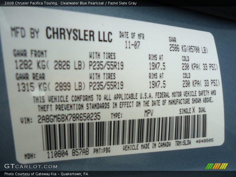 Clearwater Blue Pearlcoat / Pastel Slate Gray 2008 Chrysler Pacifica Touring