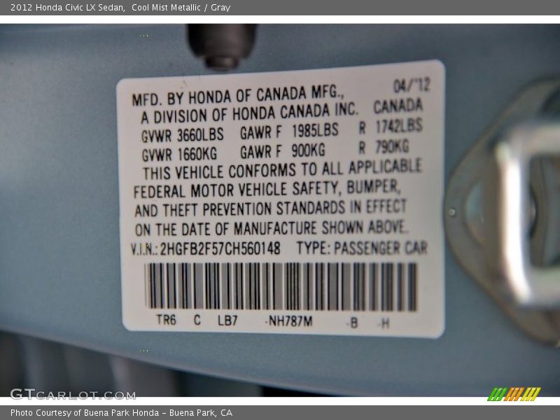 Cool Mist Metallic / Gray 2012 Honda Civic LX Sedan