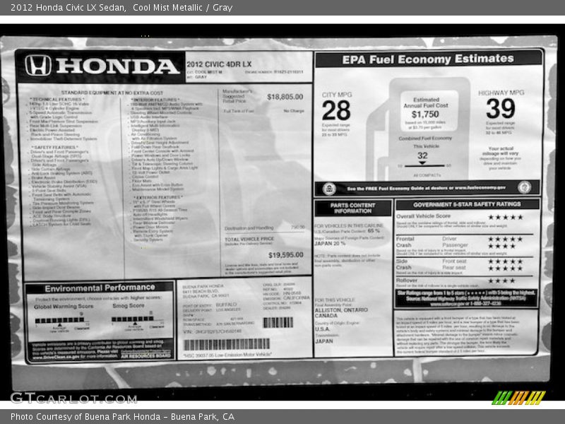 Cool Mist Metallic / Gray 2012 Honda Civic LX Sedan