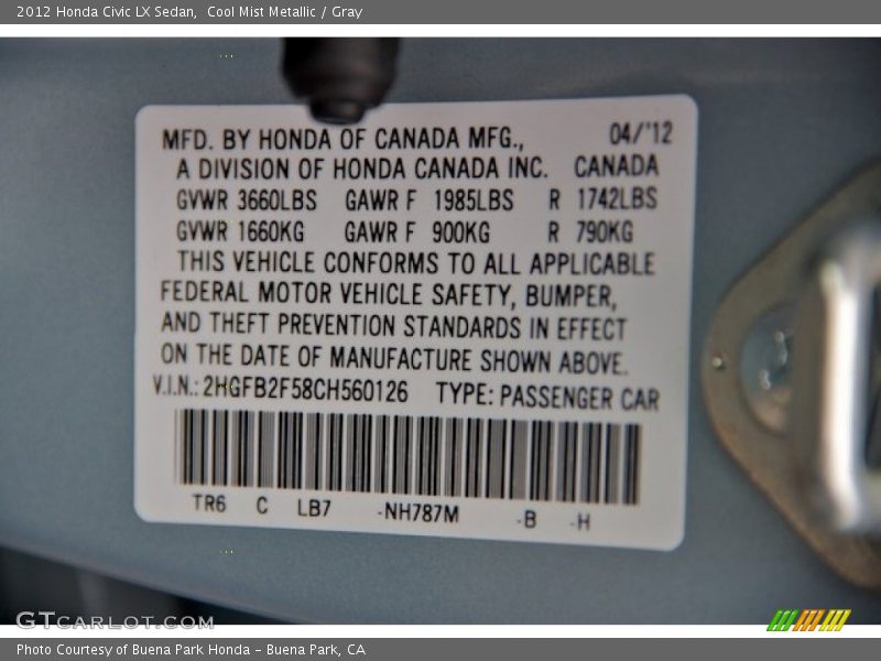Cool Mist Metallic / Gray 2012 Honda Civic LX Sedan