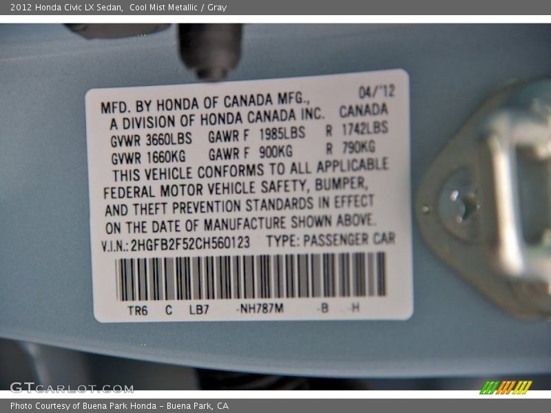 Cool Mist Metallic / Gray 2012 Honda Civic LX Sedan