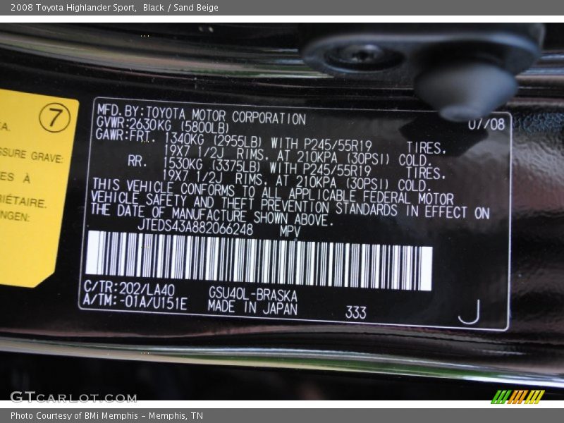 Black / Sand Beige 2008 Toyota Highlander Sport