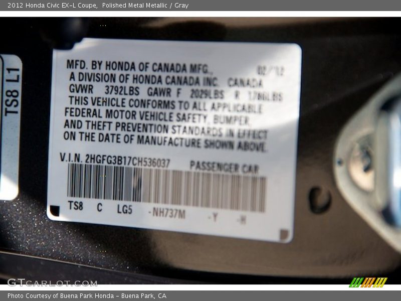 Polished Metal Metallic / Gray 2012 Honda Civic EX-L Coupe