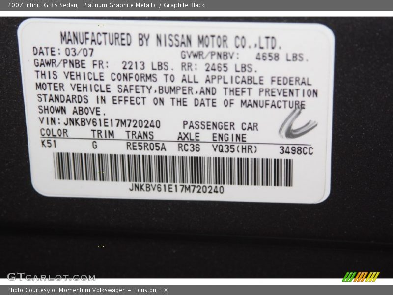 Platinum Graphite Metallic / Graphite Black 2007 Infiniti G 35 Sedan