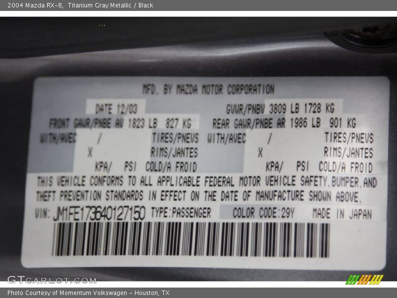 2004 RX-8  Titanium Gray Metallic Color Code 29Y