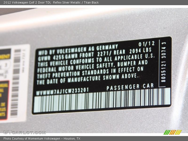 Reflex Silver Metallic / Titan Black 2012 Volkswagen Golf 2 Door TDI