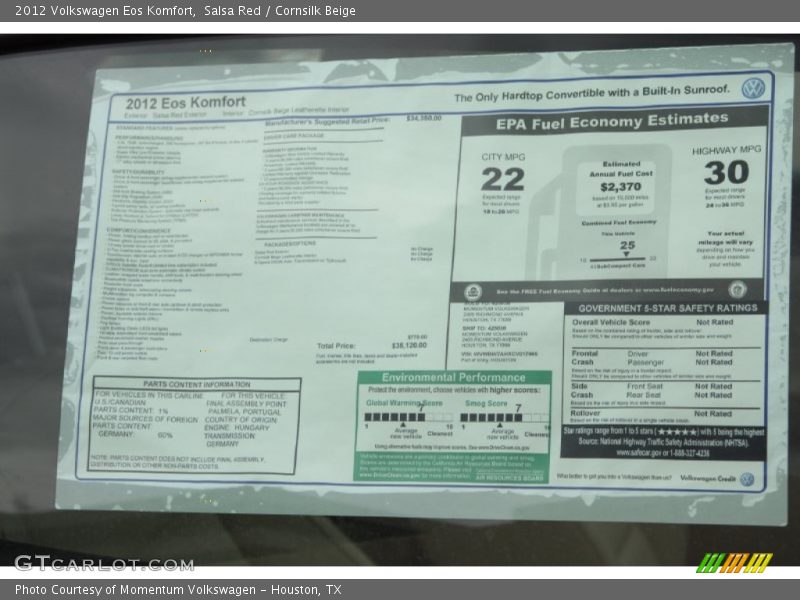 Salsa Red / Cornsilk Beige 2012 Volkswagen Eos Komfort