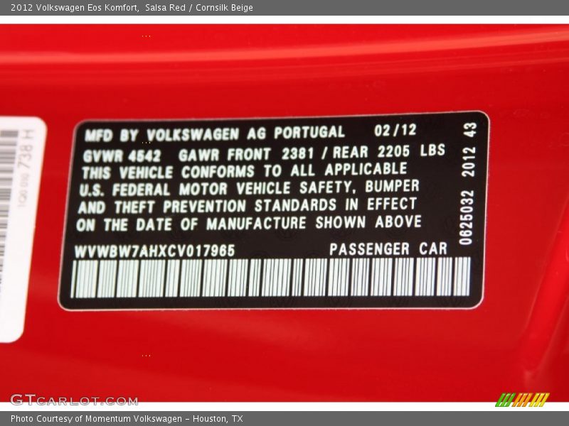 Salsa Red / Cornsilk Beige 2012 Volkswagen Eos Komfort