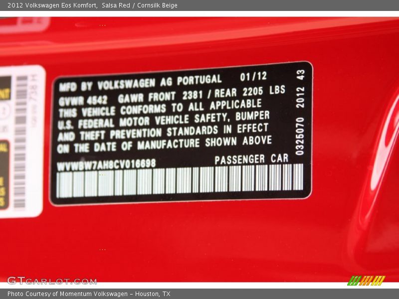 Salsa Red / Cornsilk Beige 2012 Volkswagen Eos Komfort