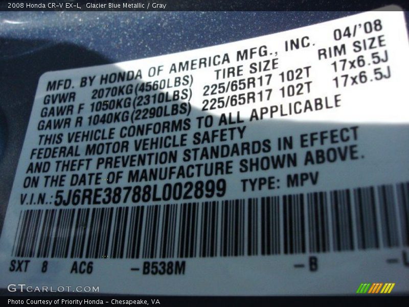 Glacier Blue Metallic / Gray 2008 Honda CR-V EX-L