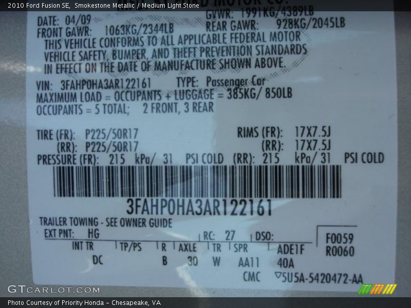 Smokestone Metallic / Medium Light Stone 2010 Ford Fusion SE