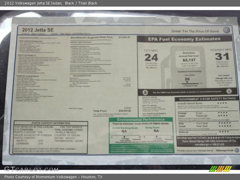 Black / Titan Black 2012 Volkswagen Jetta SE Sedan
