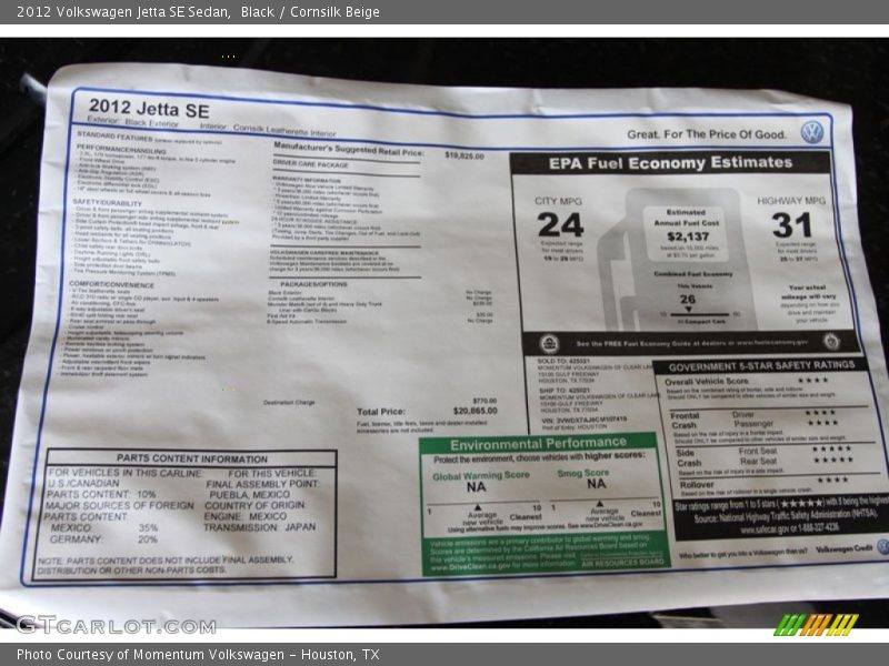 Black / Cornsilk Beige 2012 Volkswagen Jetta SE Sedan