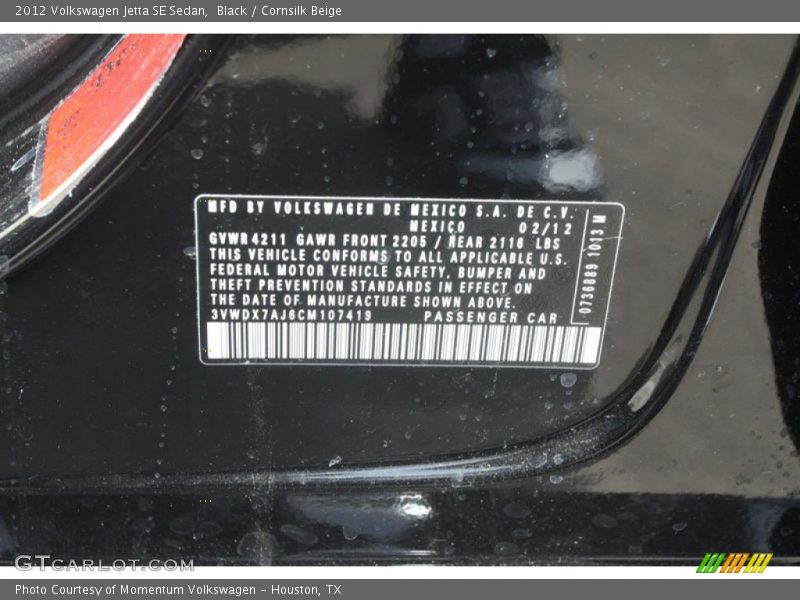 Black / Cornsilk Beige 2012 Volkswagen Jetta SE Sedan