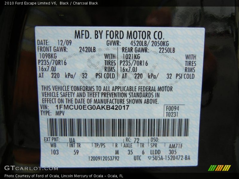 Black / Charcoal Black 2010 Ford Escape Limited V6
