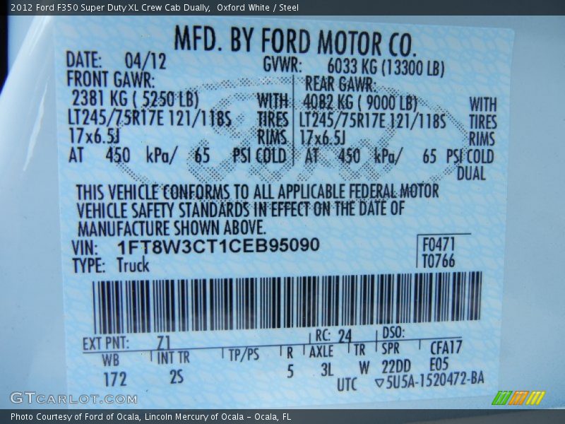 2012 F350 Super Duty XL Crew Cab Dually Oxford White Color Code Z1