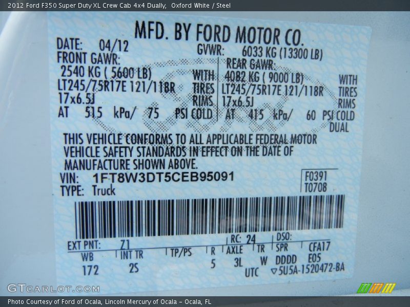 2012 F350 Super Duty XL Crew Cab 4x4 Dually Oxford White Color Code Z1