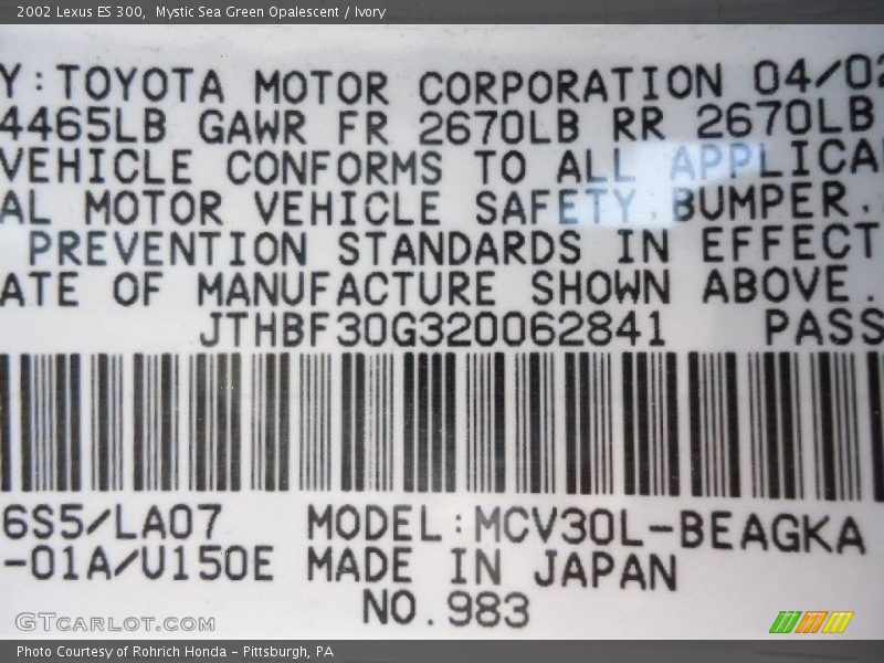 2002 ES 300 Mystic Sea Green Opalescent Color Code 6S5