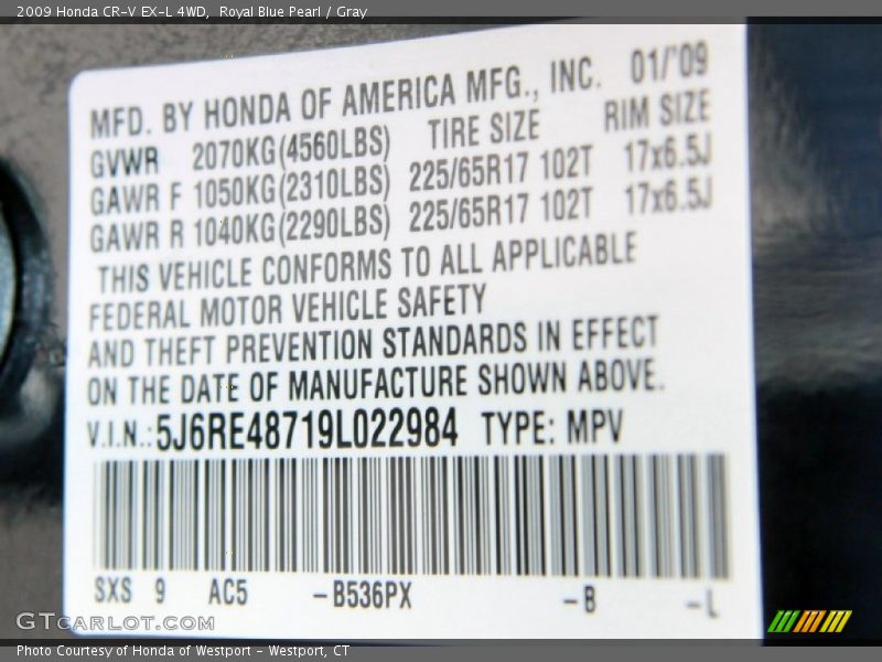 Royal Blue Pearl / Gray 2009 Honda CR-V EX-L 4WD