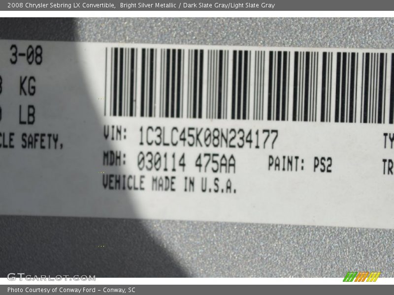 Bright Silver Metallic / Dark Slate Gray/Light Slate Gray 2008 Chrysler Sebring LX Convertible
