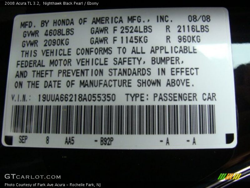 2008 TL 3.2 Nighthawk Black Pearl Color Code B92P