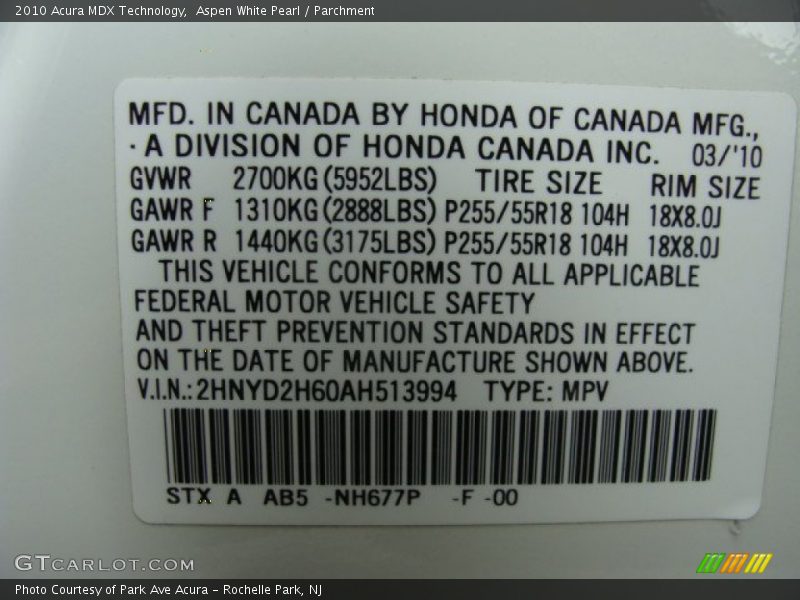 Aspen White Pearl / Parchment 2010 Acura MDX Technology