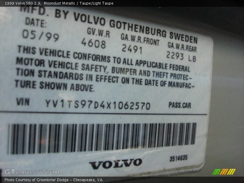 Moondust Metallic / Taupe/Light Taupe 1999 Volvo S80 2.9