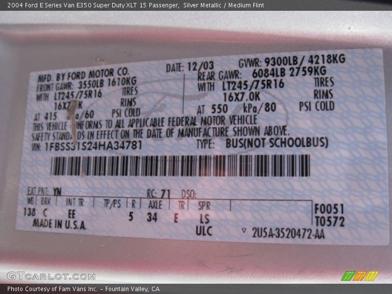 2004 E Series Van E350 Super Duty XLT 15 Passenger Silver Metallic Color Code YN